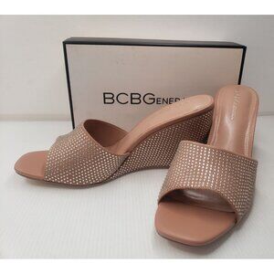BCBGeneration Giani-2 Rhinestone Slip-On Wedge Sandal Tan-Clear Womens Size 11M